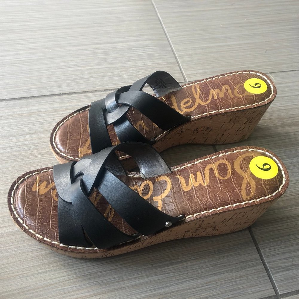 NEW Sam Edelman Black Leather Cork Wedge Sandals